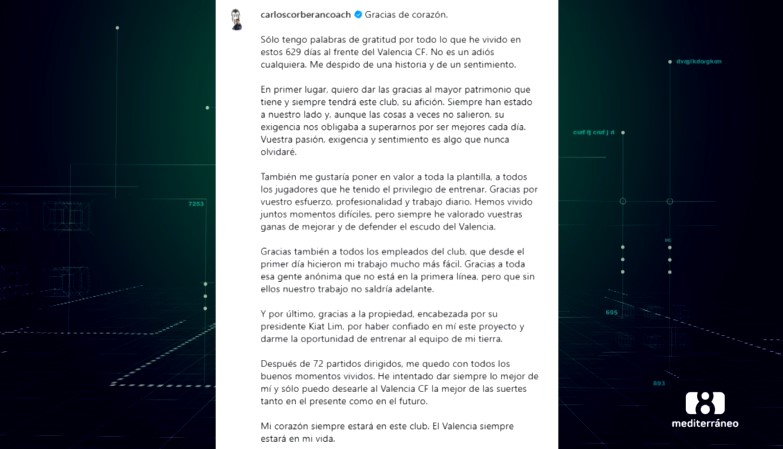 El Valencia CF despide a Carlos Corberán y Ron Gourlay